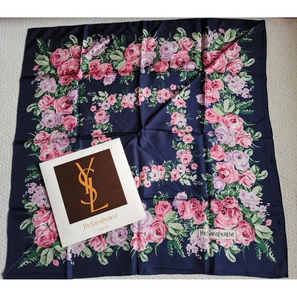 Vintage 80's YSL Yves Saint Laurent Floral Silk Square Scarf 30.5” Japan - Picture 1 of 8